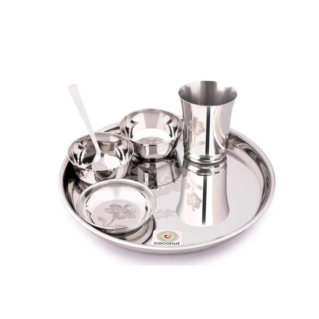 Coconut Stainless Steel Platina Laser Design Dinner Set - 6pc, Solid, Heavy Gauge / Plate, Bowl, Glass, Spoon Set / Serves One Person / Lunch Set / Dinner Set, Laser Design dinner set / Tableware / Dining Set, Model - Platina Gift Set