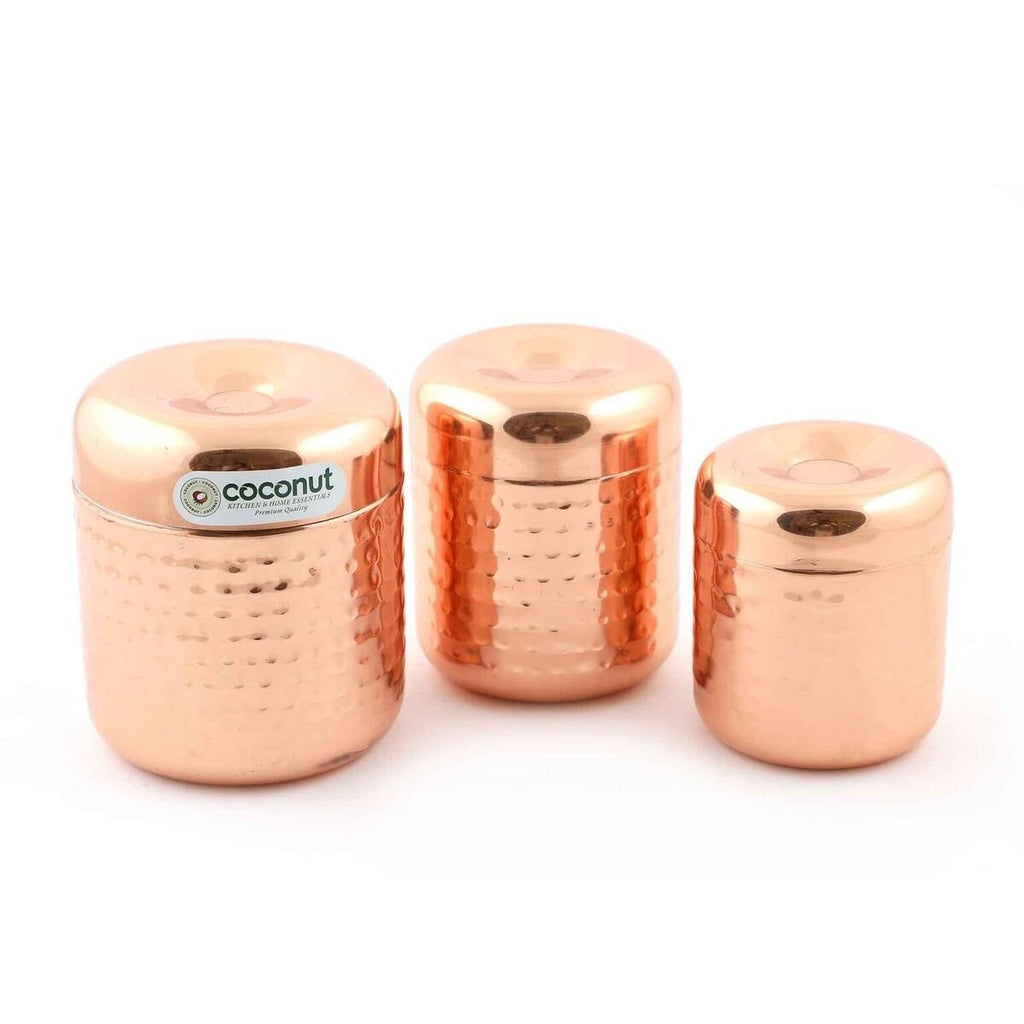 Coconut Stainless Steel Copper- Set of 3, Food Safe, Jointless, Heavy Gauge, Spice box, Masala Containers, Storage Box, Pots, Dabba,  Model - Stylo Canister