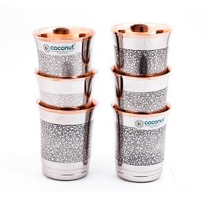 Coconut Laser Etching Copper Glasses - Set of 6 270ml each, Tumbler / Drinkware / Copper Glass / Non toxin Copper Glass / Tumbler with Ayurveda Health Benefit, Model - CP3