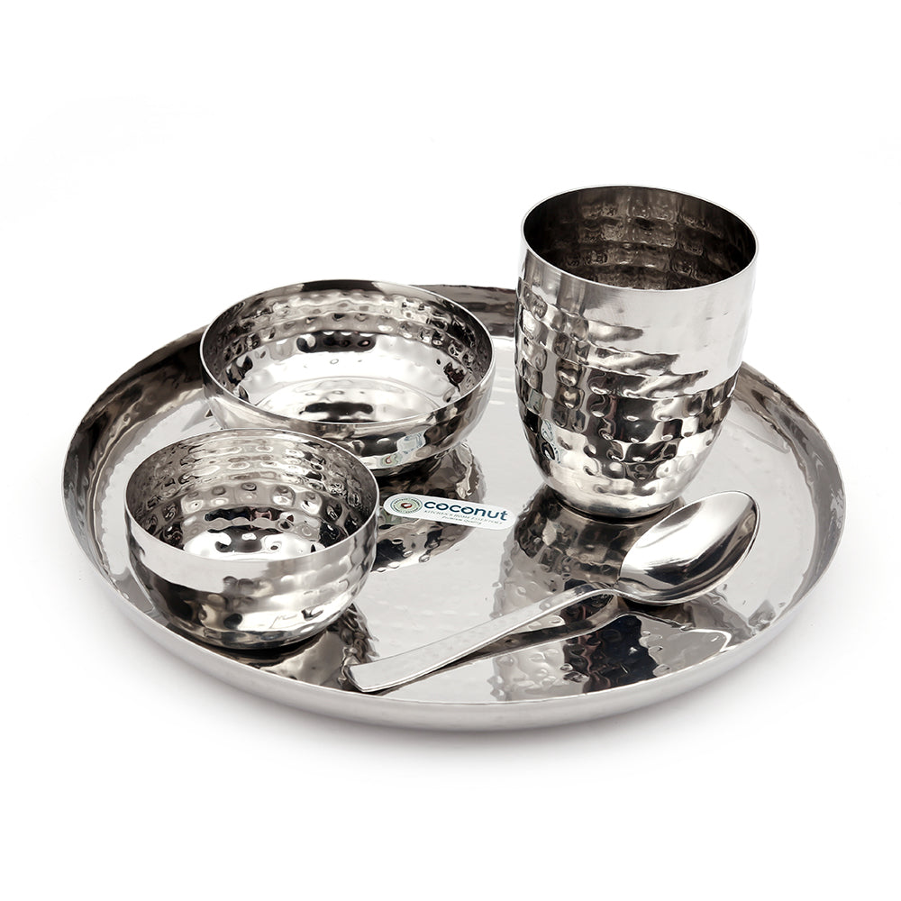 Coconut Stainless Steel Hammered Dinner Set of 5-1 Dinner Plate (10 inch), 1 Snaks Plate (4 inch), 1 Bowl (150 ml), 1 Glass (250 ml) (Approx.), 1 Tea Spoon - Hammered, Stainless Steel