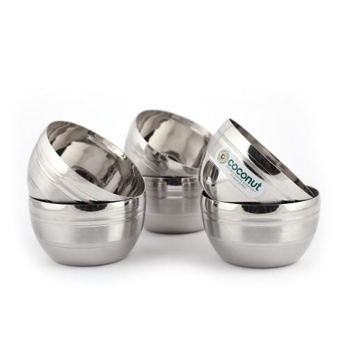 Coconut Stainless Steel - Set of 6 | Serving Bowls for Soup, Salad, Dessert, Dal, Vegetable | Heavy Gauge | Solid Bowl | Vati  | Katori | Model-C14 Ringer Vati