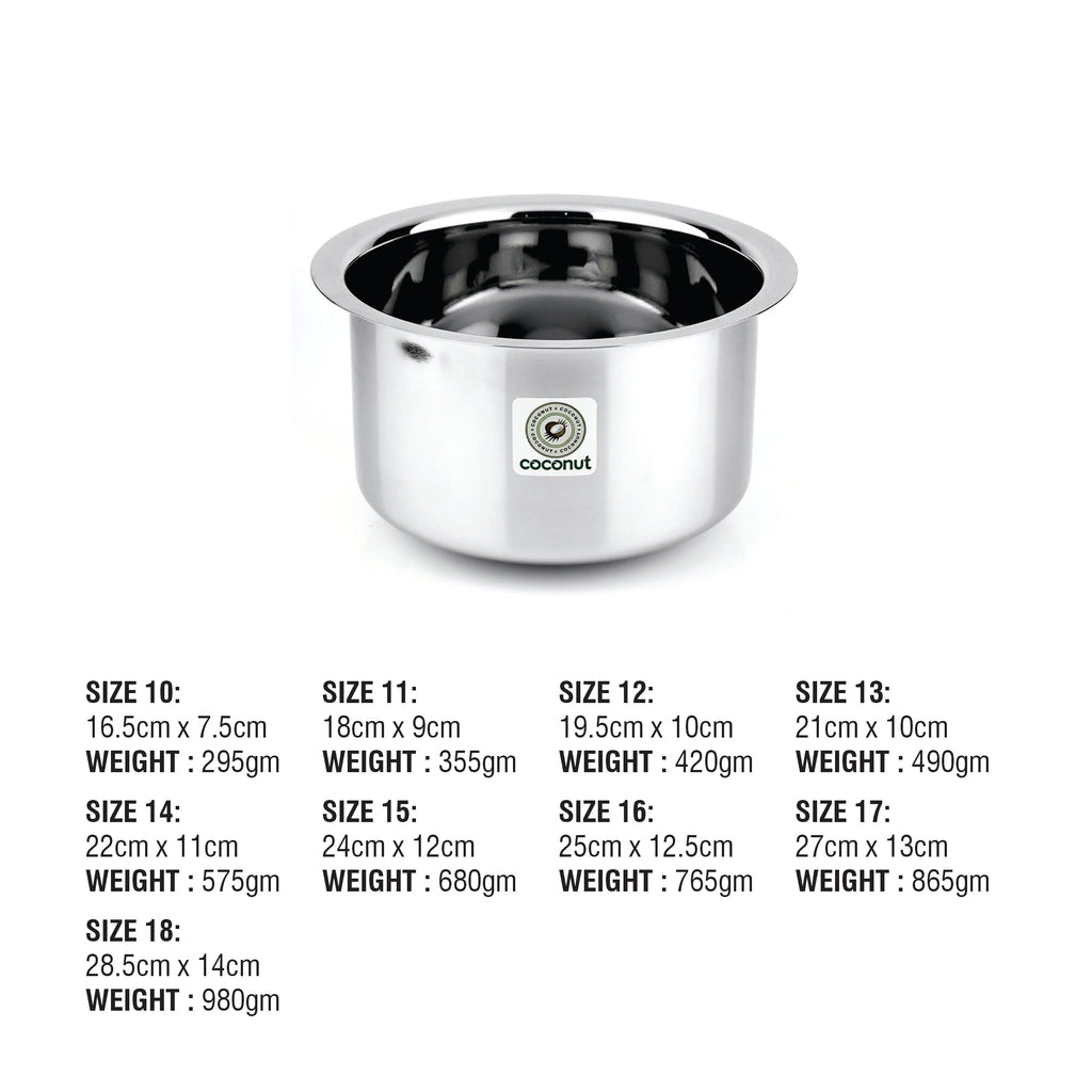 Coconut Stainless Steel Tope / Patila / Pan -  22 Gauge, Mirror Finish, Induction base / Gas Base, Model - Plain Patila