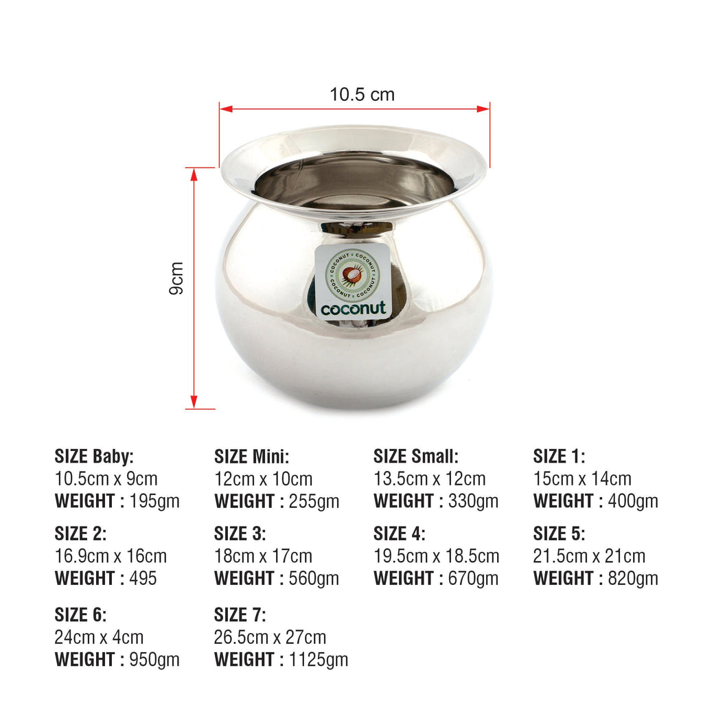 Coconut Stainless Steel Balloon - Heavy Gauge, Mirror Finish, Cooking Pot / Serving Pot / Gundu Pot / Pongal Pot / Water Pot / Multipurpose Pot, Model - Balloon GG