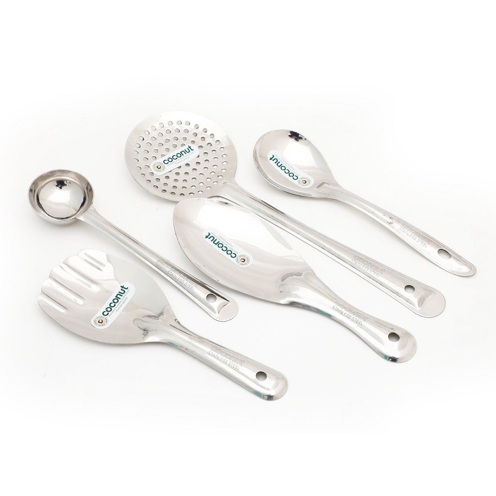 Coconut Serving Spoons (2 Rice Spoon, 1 Oval Spoon, 1 Jhara & 1 Laddle) - Set of 5