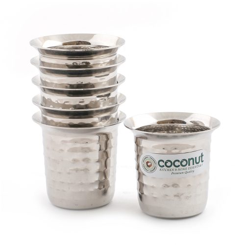 Coconut Stainless Steel Hammered Coffee Glasses Set Of 6 - Capacity Available in 100ml, 120ml & 250ml Each, Heavy Gauge, Durable, Food Grade, BPA Free, Model-D12 Junior, Glass For Serving Water / Juice / Beverages/ Lemonade / Tea / Coffee / Milk
