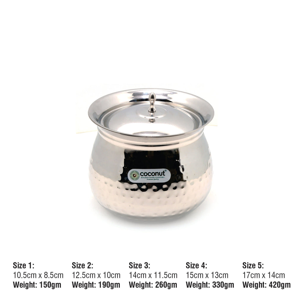 Coconut Stainless Steel Gaze Handi with Lid - Hammered Finish,Cook n Serve, Handi with Lid,  Gas n Stove Compactible, Pot / Degchi / Gundu / Dahi Handi / Serving handi / Cooking Pot, Model - Gaze Handi