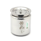 Coconut Stainless Steel Laser Design Ghee Pot with Lid (GP-06) | Heavy Gauge Mirror Finish Ghee Dhani, Oil Dispenser, Ghee Storage Container, Pickle Jar & Multipurpose Bharani for Kitchen Use | 1 Piece.