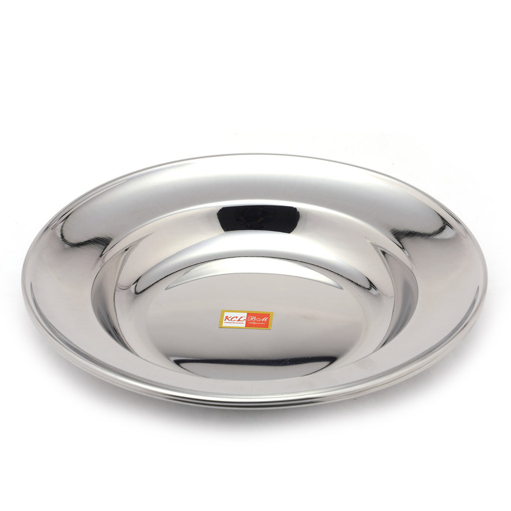 KCL Stainless Steel Deep Soup & Breakfast Plate – 1 Piece Heavy Duty Mirror Finish Dinner Plate | Versatile Mess Lunch & Idly Plate | Durable Bhojan Thali for Daily Use
