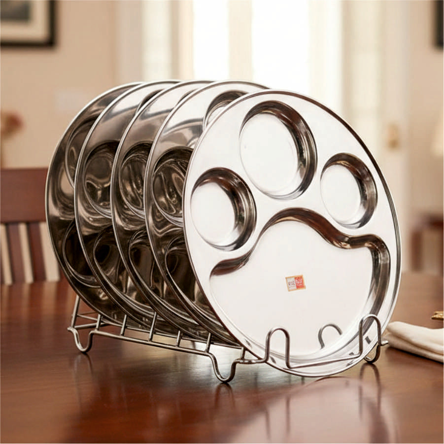 KCL Stainless Steel Round Partition Dinner Plate Set | 20 Gauge Heavy Steel Thali with 4 Compartments | Mirror Finish | Rust Proof & Dishwasher Safe | Pack of 6.
