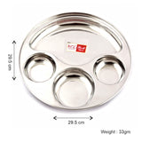 KCL Stainless Steel Round Partition Dinner Plate Set | 20 Gauge Heavy Steel Thali with 4 Compartments | Mirror Finish | Rust Proof & Dishwasher Safe | Pack of 6.
