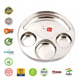 KCL Stainless Steel Round Partition Dinner Plate Set | 20 Gauge Heavy Steel Thali with 4 Compartments | Mirror Finish | Rust Proof & Dishwasher Safe | Pack of 6.