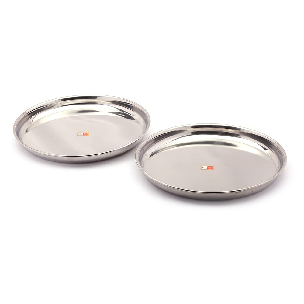 KCL Stainless Steel Beeding Plate Set of 2 | Heavy Gauge Round Serving Plates / Thali for Home, Hotel & Restaurant Use | Mirror Finish, Rust-Resistant