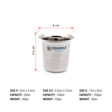 Coconut Stainless Steel Mini Coffee Glasses Set Of 6 - Capacity Available in 100ml, 130ml, 150ml Each, Heavy Gauge, Durable, Food Grade, BPA Free, Glass For Serving Water / Juice / Beverages/ Lemonade / Tea / Coffee / Milk, Model-D8 Junior