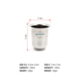 Coconut Stainless Steel Mini Coffee Glasses Set Of 6 - Capacity Available in 100ml & 150ml Each, Heavy Gauge, Durable, Food Grade, BPA Free, Model-D9 Junior, Glass For Serving Water / Juice / Beverages/ Lemonade / Tea / Coffee / Milk