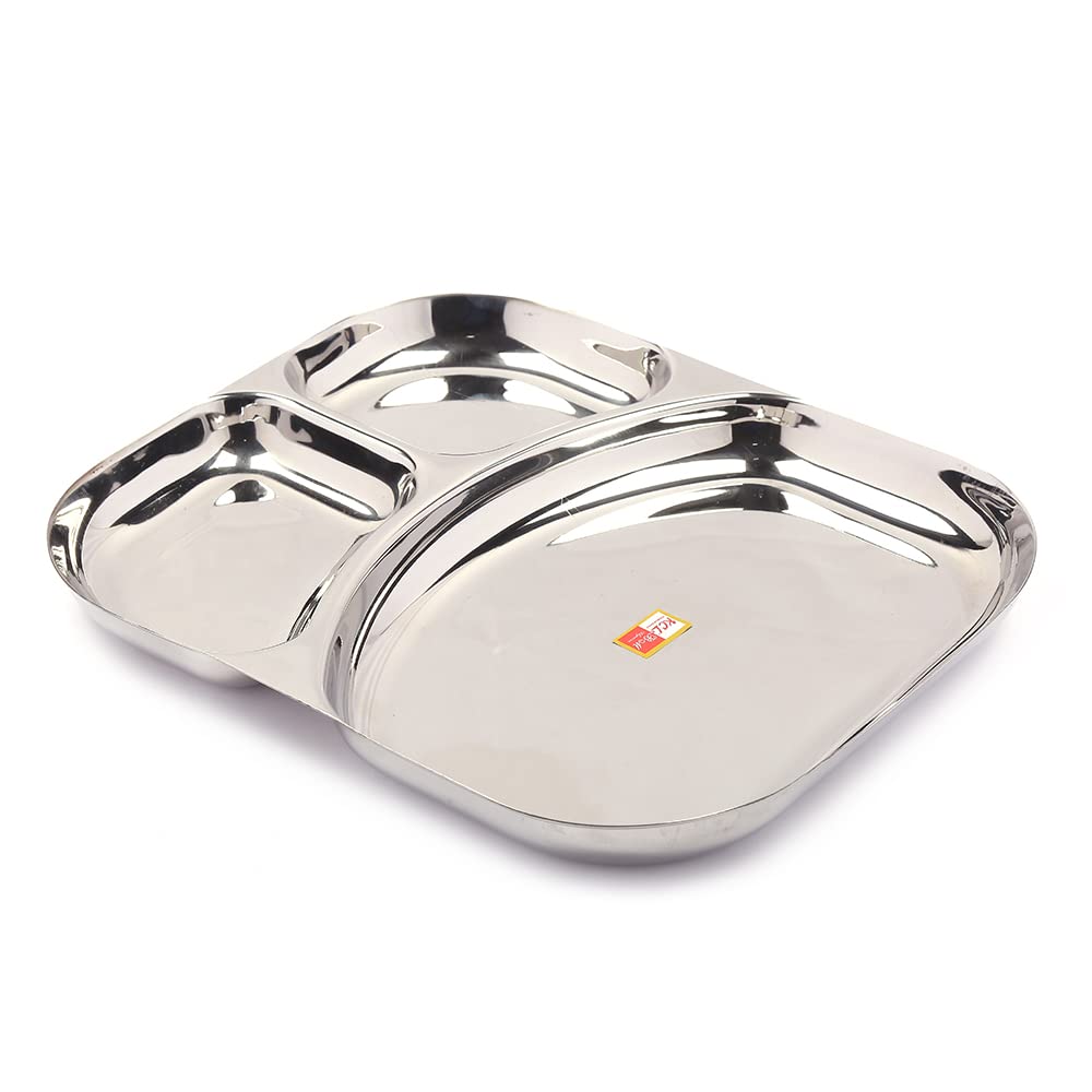 KCL Stainless Steel Dynasty Partition Plate | Heavy Gauge Mirror Finish Bhojan / Pav Bhaji Plate | 3-in-1 Compartment Thali for Home & Restaurant | Rust Free & Durable – 1 Unit.