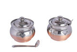 KCL Stainless Steel Ghee Pot with Copper Bottom – Set of 2 with Lids & Spoon | Heavy Gauge | Traditional Design | Ideal for Ghee, Oil & Condiments.