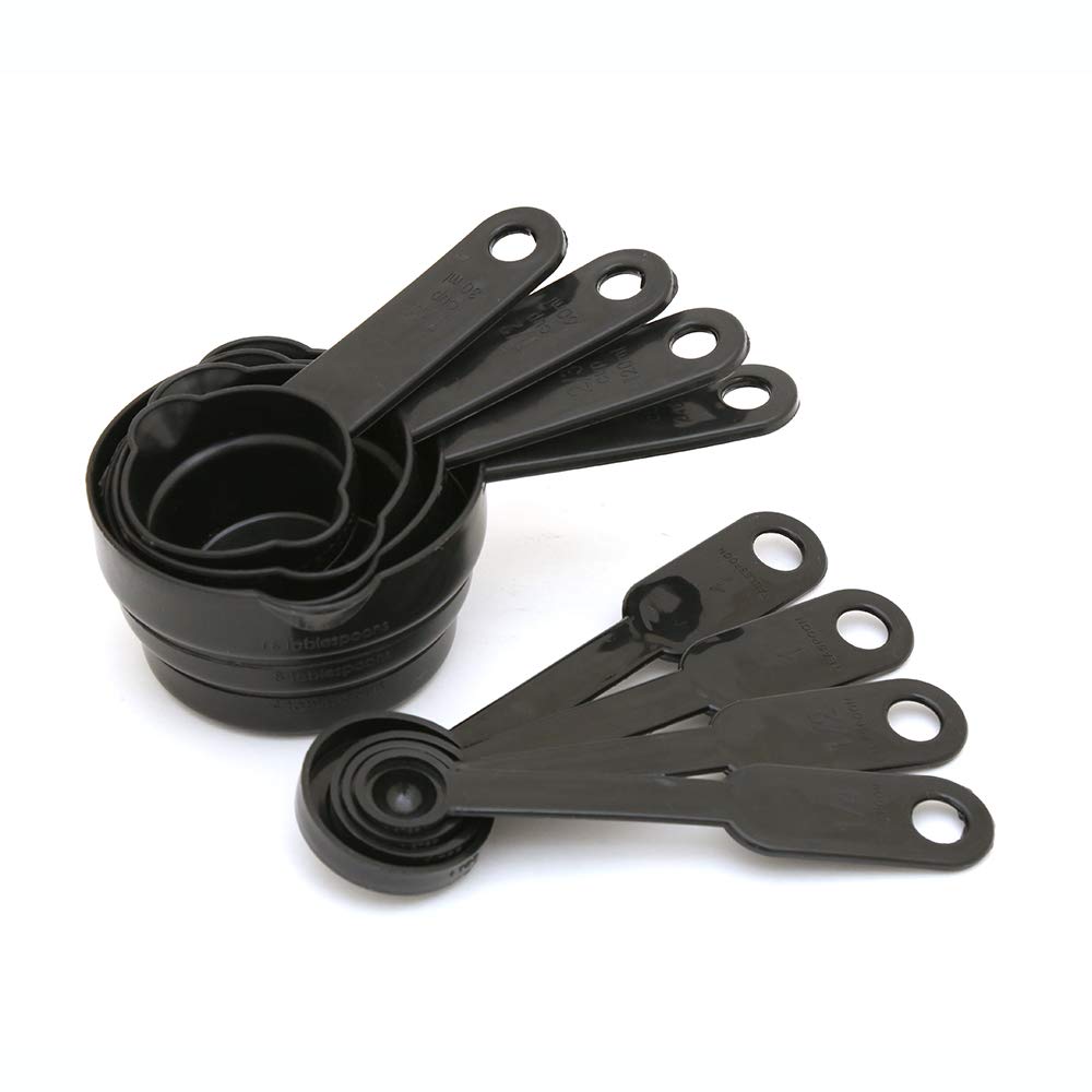 KCL Ekonomica 8-Piece Plastic Measuring Cups & Spoons Set | 4 Cups + 4 Spoons with Double Pour Spouts | Baking & Cooking Measurement Set – Black