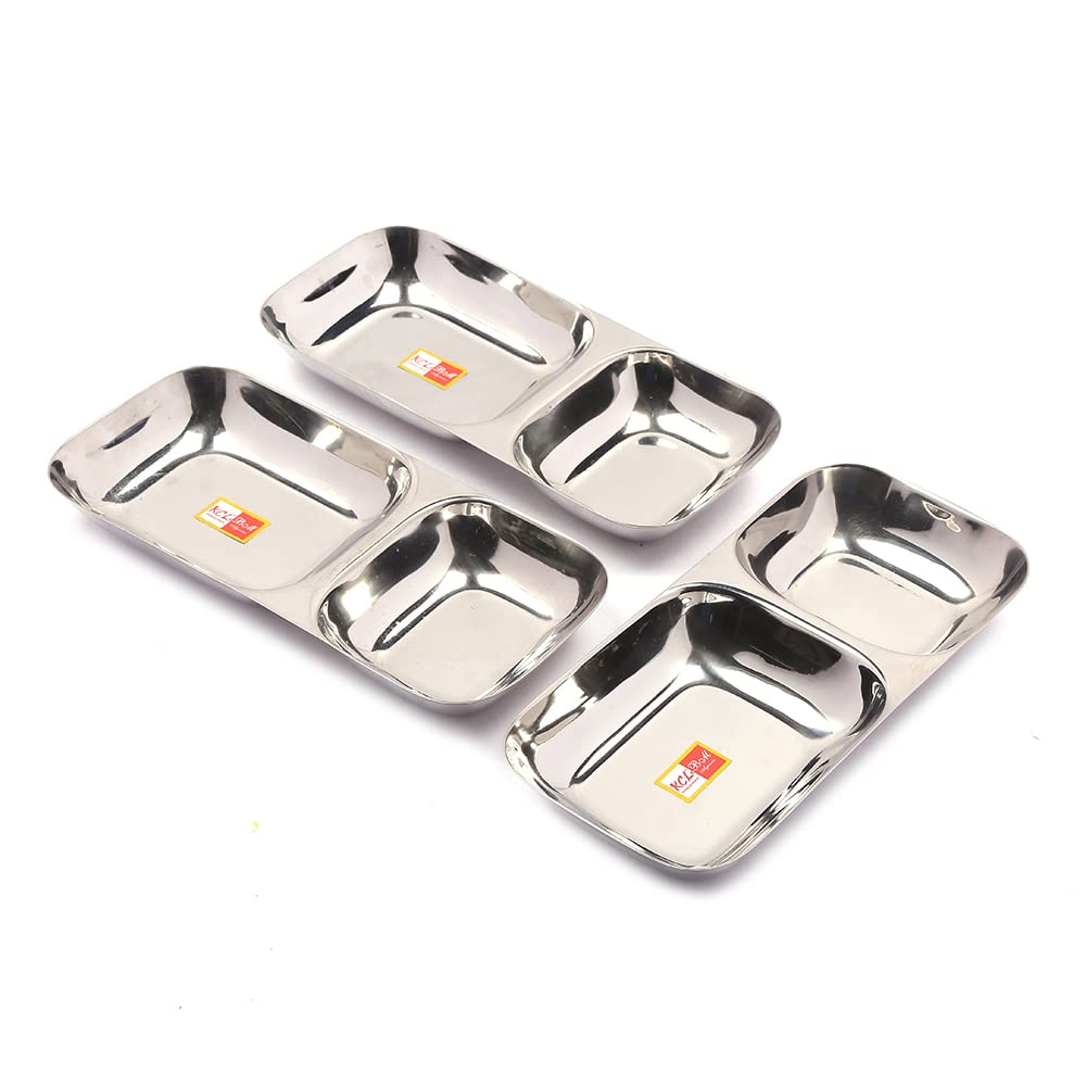 KCL Stainless Steel 2 in 1 Partition Plate Set | 20 Gauge Heavy Steel Breakfast & Snack Plate | Mirror Finish | Rust Proof & Dishwasher Safe | Pack of 3.