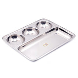 KCL Stainless Steel Rectangle Partition Plate Set of 6 | Heavy Gauge Bhojan Thali with 3 Compartments | Mirror Finish Dinner Plate | Model Pratham 3-in-1 | 33 cm.