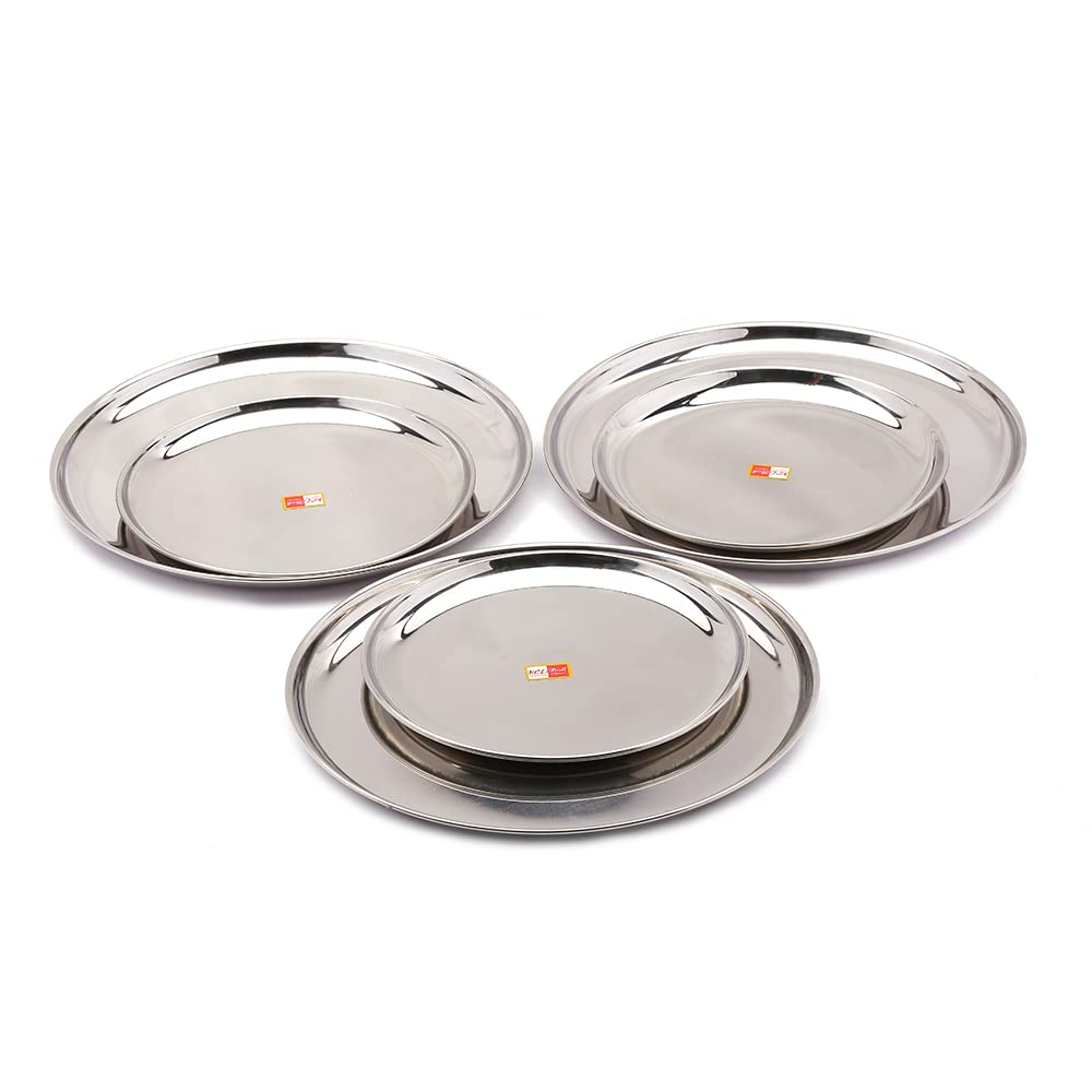KCL Stainless Steel Heavy Gauge Dinner Plate Set of 6 | 3 Dinner Plates (29 cm) & 3 Quarter Plates (21 cm) | Mirror Finish | Food-Grade Steel | Durable & Rust Resistant.
