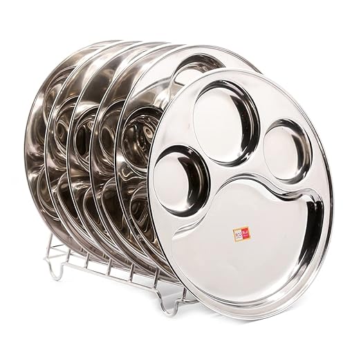 KCL Stainless Steel Partition Plate / Bhojan Thali – 4 in 1 Design, Heavy Gauge Mirror Finish (29 cm) | Set of 6 | 20 Gauge.