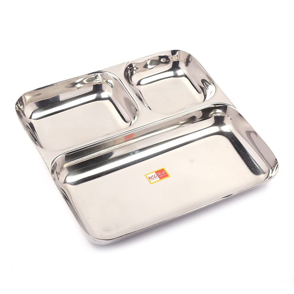 KCL Stainless Steel Square Partition Plate | 3 in 1 Compartment Bhojan / Pav Bhaji Plate | Heavy Gauge Steel with Mirror Finish | Rust Proof & Dishwasher Safe | 1 Unit