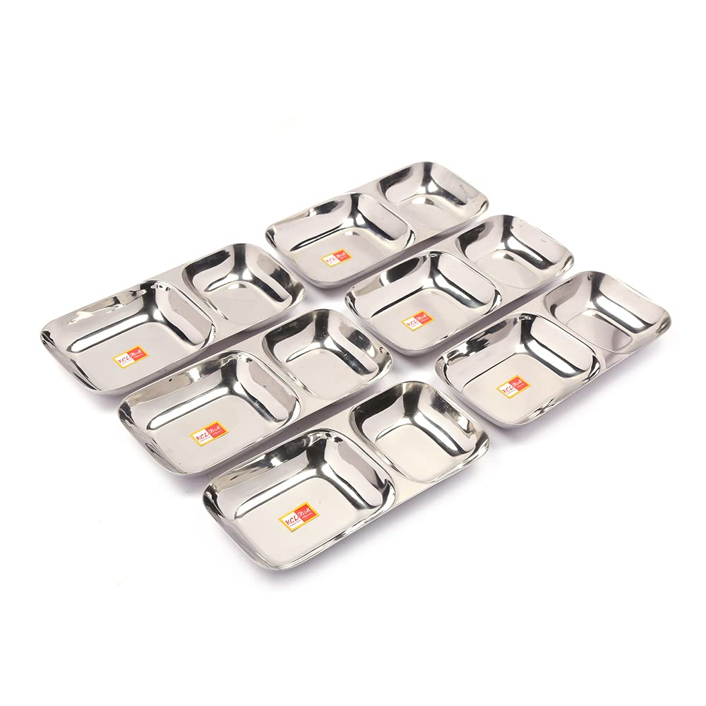 KCL Stainless Steel Compact Partition Plate Set of 6 | Heavy Gauge 2-in-1 Breakfast & Pav Bhaji Plate | Mirror Finish Compartment Plate | 21 cm Diameter.