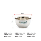 Coconut Stainless Steel Heavy Gauge, Solid Bowl / Vati / Katori / Set of 6 - Capacity 100ml, 150ml, 200ml, Model - C21 Lotus, Serving Bowls for Soup, Salad, Dessert, Vegetable, Dal,