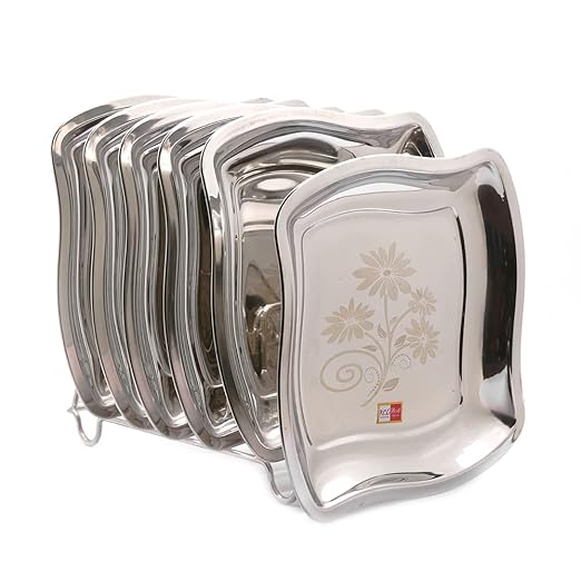KCL Stainless Steel Choco Square Serving Tray/Platters Plate with Laser Design-Pack of 6, Model - Bambi - 24 cm.