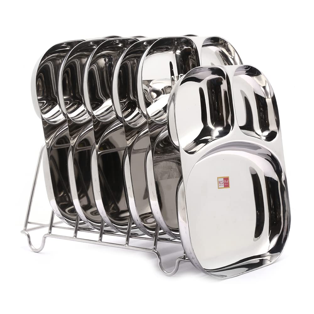 KCL Stainless Steel Dynasty Dinner Plate Set | 20 Gauge Heavy Steel Thali with 3 Compartments | Mirror Finish | Rust Proof & Dishwasher Safe | Pack of 6.