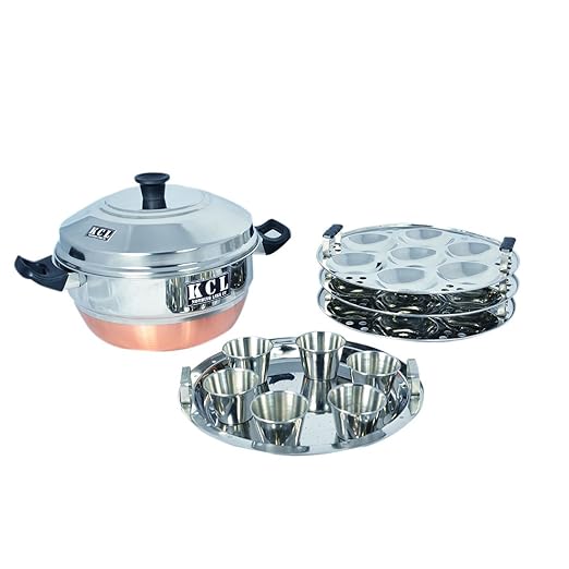 KCL Stainless Steel Idli Cooker with Copper Bottom | 21 Idlis Maker with 3 Plates, 6 Dhokla Moulds & Steaming Plate | Gas Stove Compatible | Heavy Gauge.