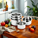 KCL Stainless Steel Ekonomica Tope Cookware Set | Flat Bottom Steel Tope / Bhagona for Cooking | Induction & Gas Compatible | 5-Piece Set (700ml, 900ml, 1200ml, 1500ml & 2000ml).