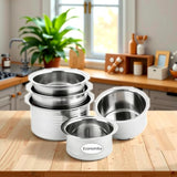 KCL Stainless Steel Ekonomica Tope Cookware Set | Flat Bottom Steel Tope / Bhagona for Cooking | Induction & Gas Compatible | 5-Piece Set (700ml, 900ml, 1200ml, 1500ml & 2000ml).