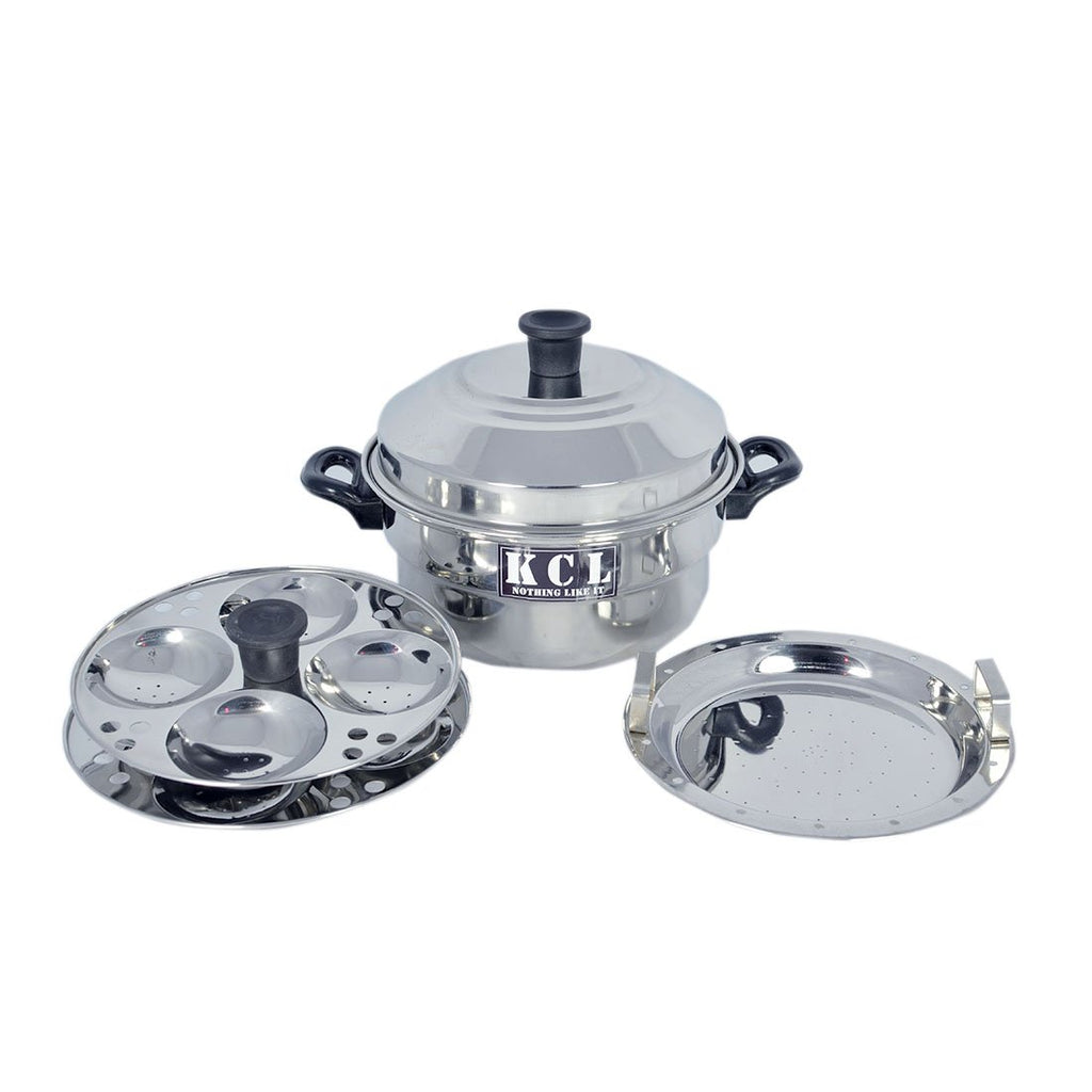 KCL Stainless Steel Idli Cooker with Plain Bottom | 8 Idlis Maker with 2 Plates & Steaming Plate | Gas Stove Compatible | Heavy Gauge.