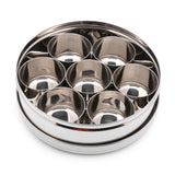 Coconut Stainless Steel Masala Box Glass Lid- 7 Bowls, Round Shape, Mirror Finish, Heavy Gauge, Spice Container / Masala Dhani / Masala dabba / Chamak, Model - MB2 Masala Box