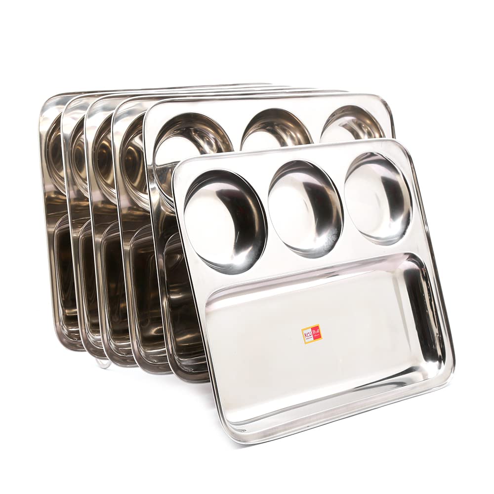 KCL Stainless Steel Rectangle Partition Plate Set of 6 | Heavy Gauge Bhojan Thali with 3 Compartments | Mirror Finish Dinner Plate | Model Pratham 3-in-1 | 33 cm.