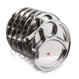 KCL Stainless Steel Round Partition Dinner Plate Set | 20 Gauge Heavy Steel Thali with 4 Compartments | Mirror Finish | Rust Proof & Dishwasher Safe | Pack of 6.