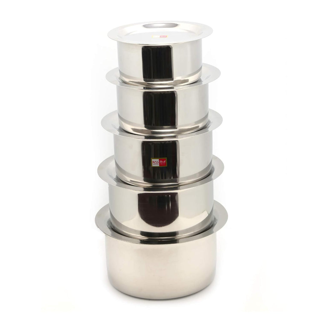 KCL Stainless Steel Tope Cookware Set with Lids (Pack of 10) | Induction & Gas Stove Compatible | Heavy Gauge | 1000 ml to 2800 ml | Kitchen Cooking & Storage Pots.