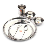 KCL Stainless Steel Dinner Set (7 Pieces) | Dinner Plate 1pc, Quarter Plate 1pc, 2pc Bowls, 1pc Glass, 1pc Spoon & 1pc Fork | Mirror Finish | Heavy Gauge Food-Grade Steel | Ideal for Home, Hostel & Gifting.