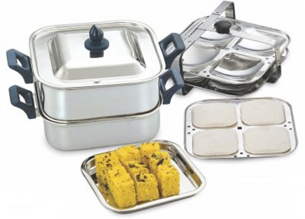 KCL Stainless Steel Square Idli & Dhokla Steamer Set | 3 Dhokla Plates + 3 Idli Plates + Plate Stand + 2 Pots + Lid | Multipurpose Idli Maker & Steamer.