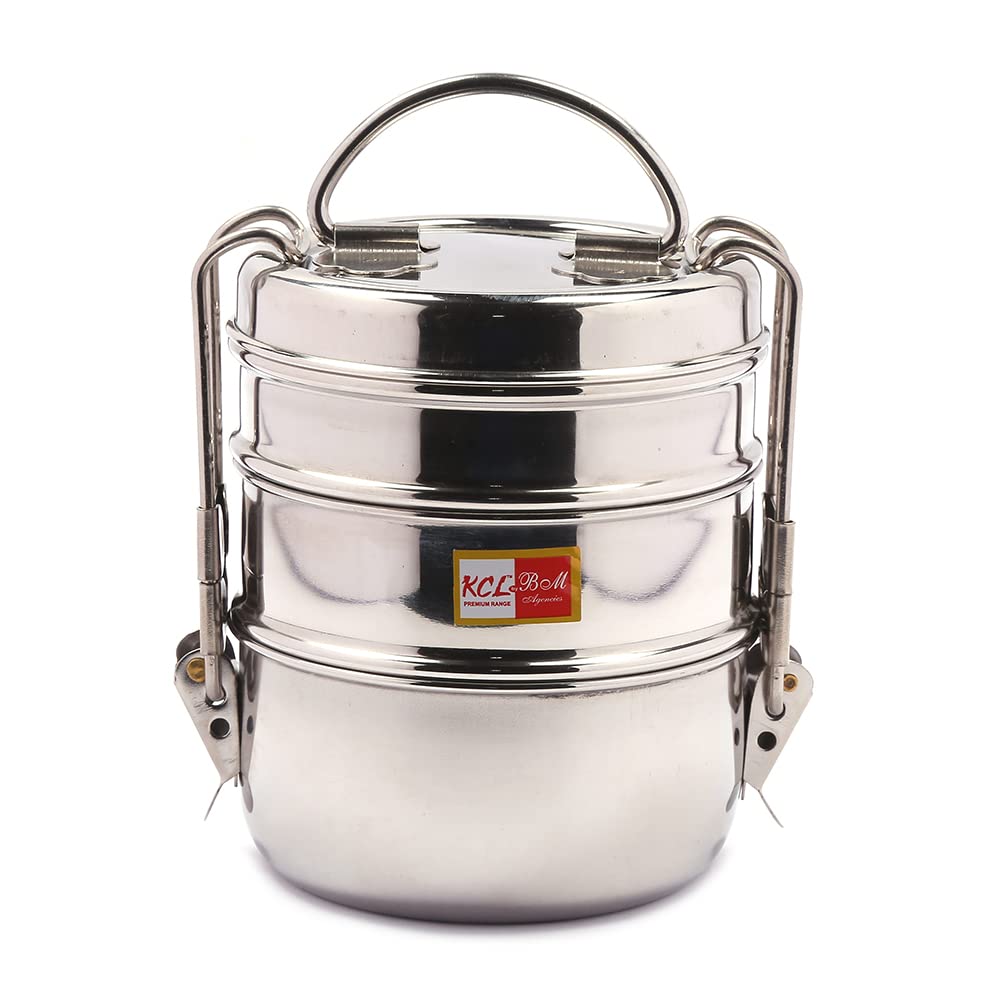 KCL Stainless Steel Lunch Box | 3 Tier Tiffin Box with Leak-Resistant Locking Clips & Carry Handle | Food Grade Steel | For School, Office, Travel & Picnic.