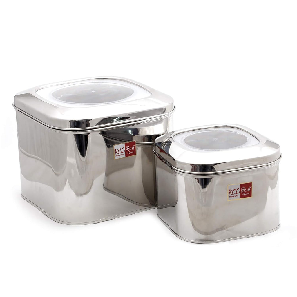 KCL Stainless Steel Cubic Storage Tin Set of 2 (4 KG & 2.5 KG) | Airtight Containers with Unbreakable Lid for Dry Grains, Rice, Pulses & Snacks | Food-Grade, Rust-Resistant.