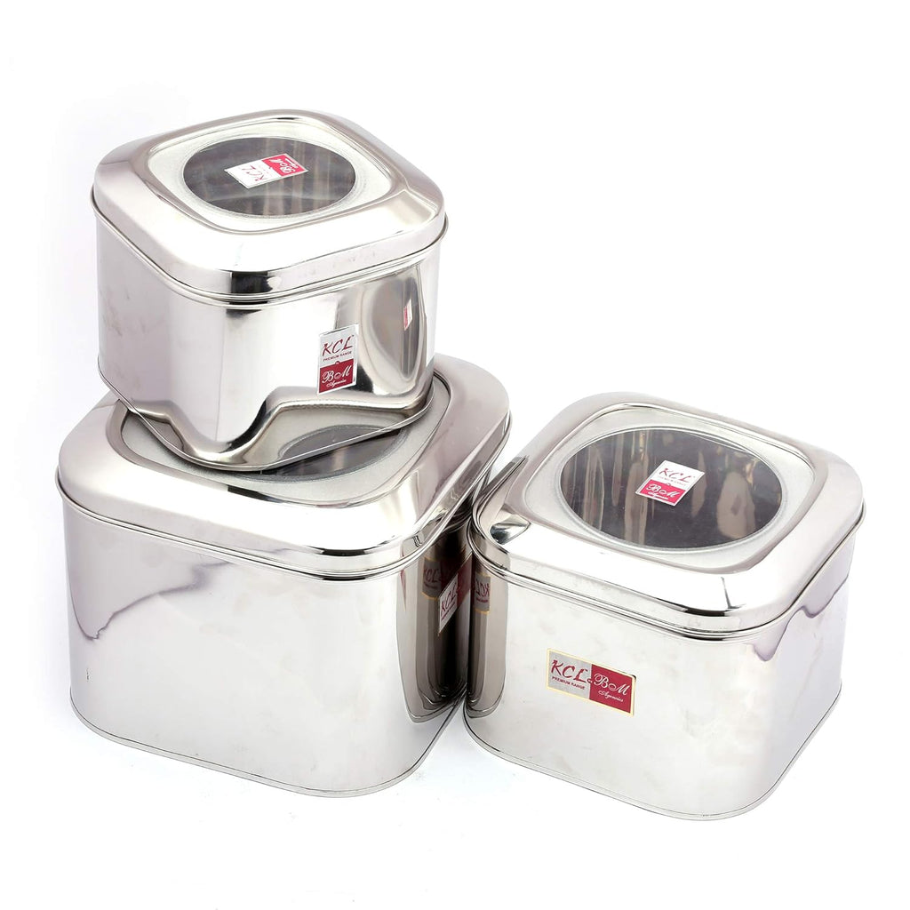 KCL Stainless Steel Cubic Storage Tin Set of 3 (6.5 KG, 4 KG & 2.5 KG) | Airtight Containers with Unbreakable Lid for Dry Grains, Rice, Pulses & Snacks | Food-Grade, Rust-Resistant.