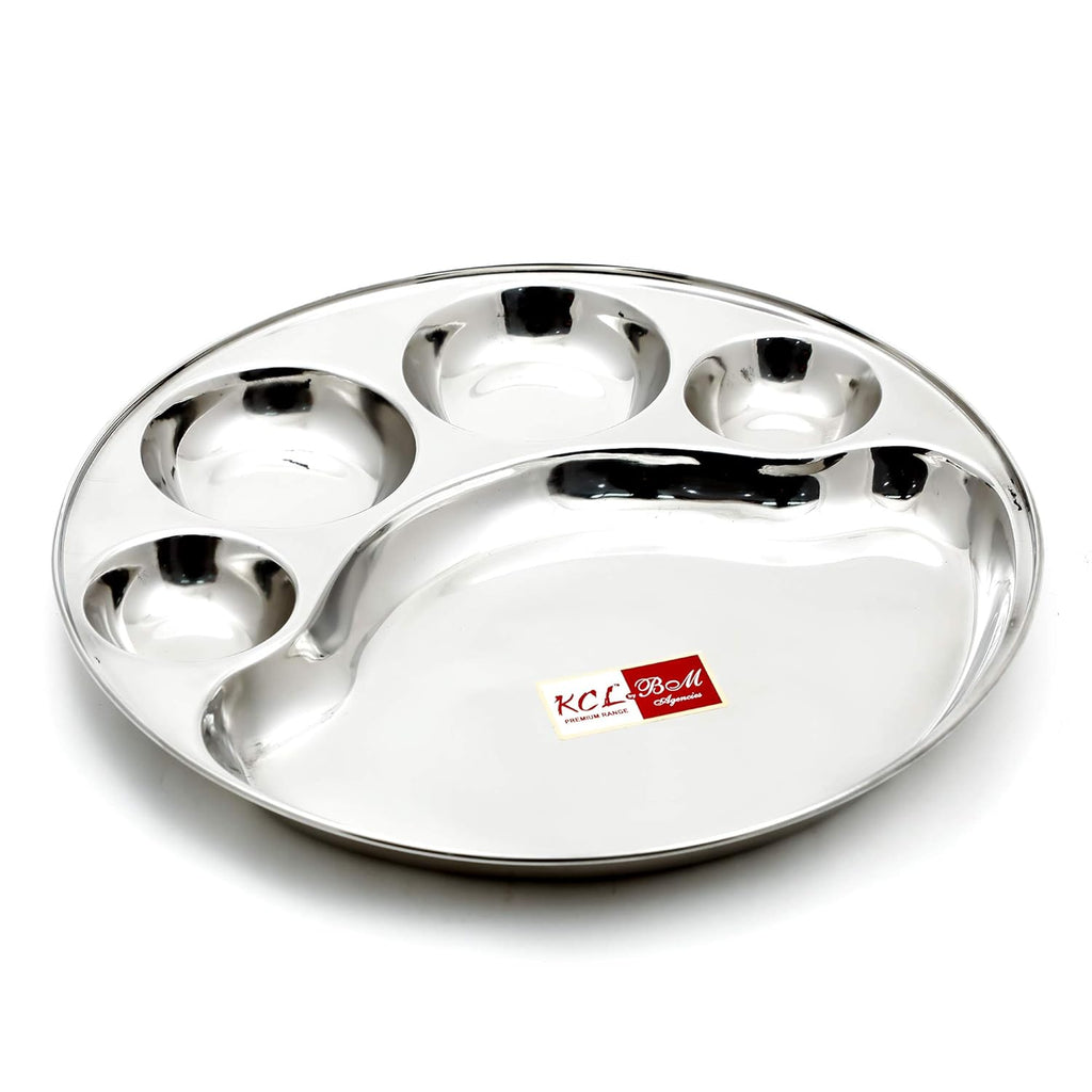 KCL Stainless Steel Round Partition Plate | 4-in-1 Compartment Thali for Lunch, Dinner & Bhojan | Heavy Gauge Mirror Finish | Rust Free & Food Grade – 1 Unit.