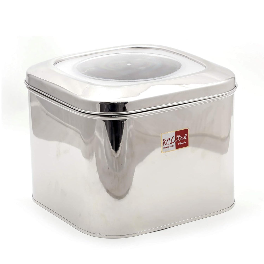 KCL Stainless Steel Cubic Storage Tin with Unbreakable Lid | Airtight Container for Dry Grains, Rice, Pulses & Snacks | Food-Grade, Rust-Resistant – 1 Piece.