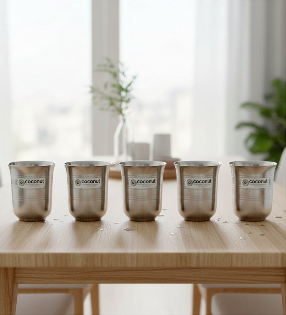 Coconut A7 Stainless Steel Water Glass 250ml | Steel Drinking Glass Set | Water Tumbler | Juice Glass | Milk Glass | Food Grade BPA Free | Matte Finish | Rust Resistant | Heavy Gauge Beverage Serving Tumbler | Available in Set of 3 & set of 6.