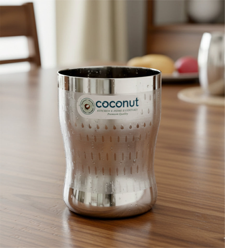 Coconut A9 Stainless Steel Shower Design Drinking Glass 250ml Each | Premium Designer Tumbler with Dot Pattern Finish | Food Grade Stainless Steel | Rust Proof, BPA Free, Dishwasher Safe | Water, Juice & Beverage Glasses.