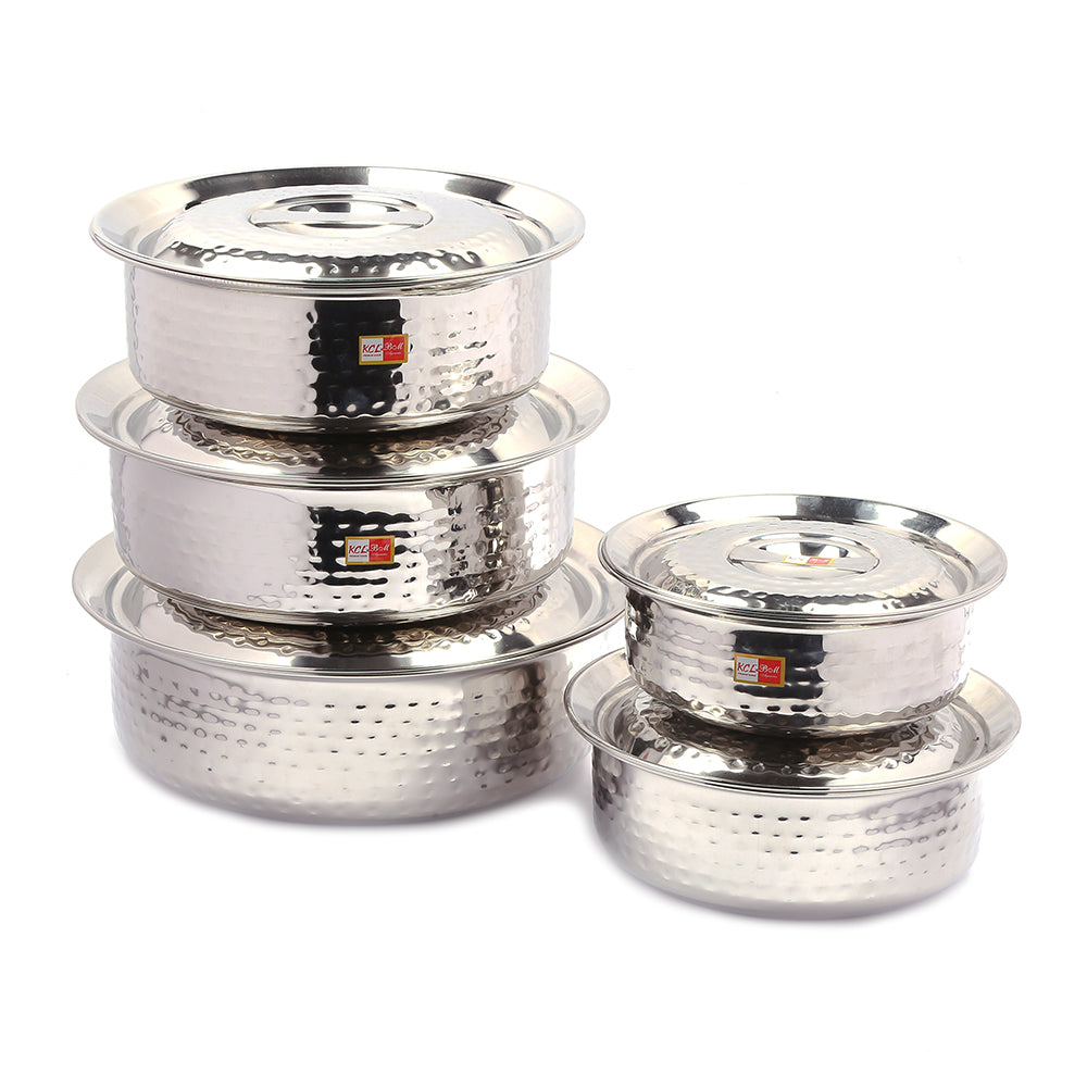 KCL Stainless Steel Mirror Finish Hammered Arabian Chetty Set with Lids – 5-Piece Heavy Duty Cooking & Serving Handi Set | Induction & Gas Compatible | Capacities: 1.5L, 2L, 2.5L, 3L, 4L.