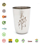 Coconut B24 Laser Design Stainless Steel Glass, 300 ml, Decorative Floral Laser Engraved Drinking Tumbler, Food Grade Steel Water Glass for Juice, Milk, Lassi & Buttermilk, Rust Proof.