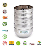 Coconut C32 Laser Vati Set of 6 Stainless Steel Bowls | 140ml Katori Set with Elegant Laser Design | Mirror Finish Serving Bowls for Snacks, Desserts, Curd & Daily Use | Rust Proof & Dishwasher Safe.